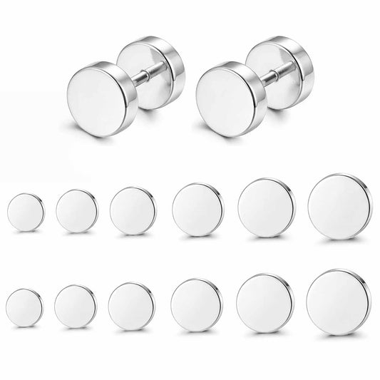 FIBO STEEL 6 Pairs Stainless Steel Black Stud Earrings for Men Women Faux Gauges Ear Tunnel Fake Gauge Earrings 3-8mm
