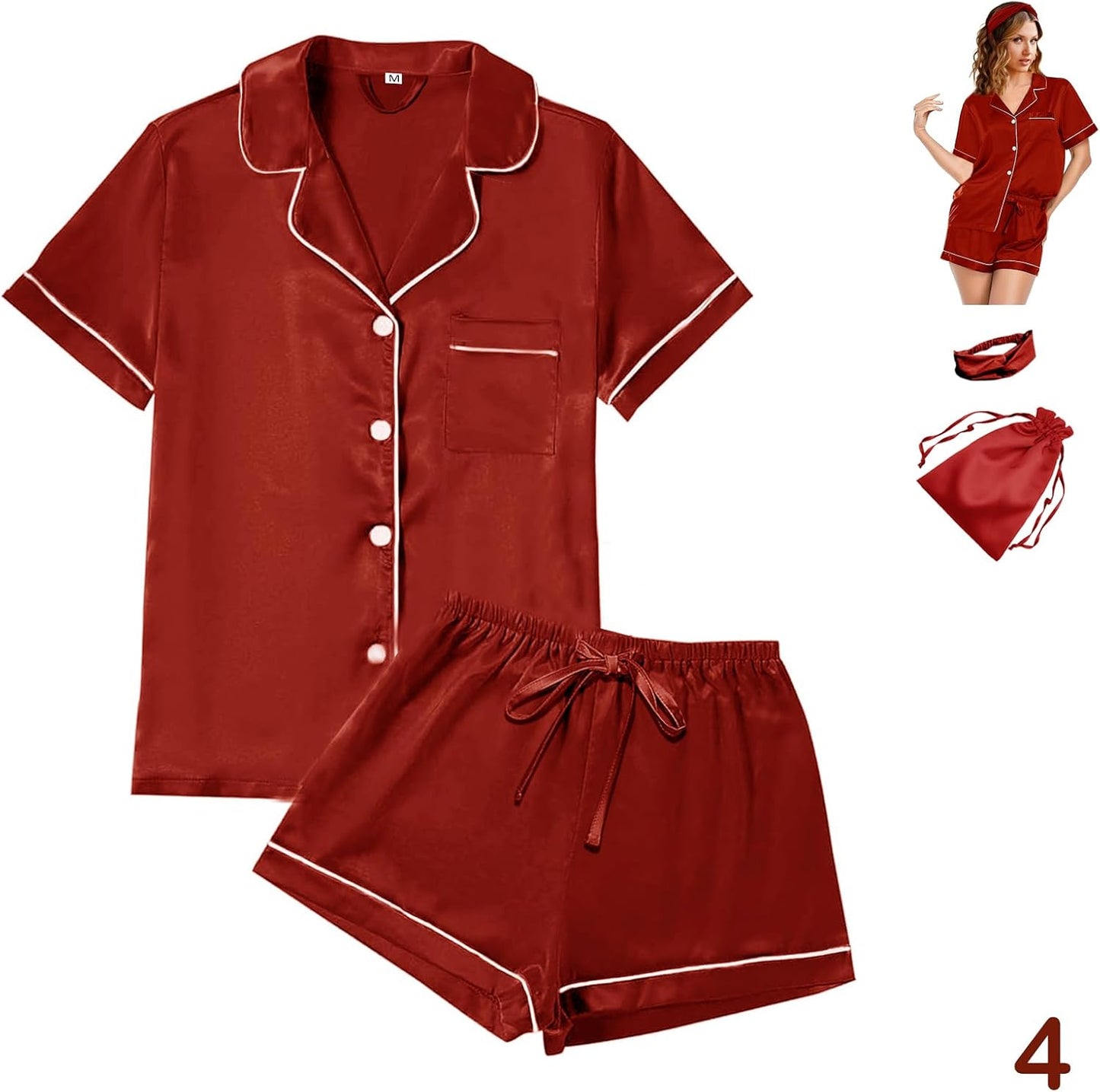 WJing Yi Jia 4Pcs Womens Satin Silky Pajama Sets Short Sleeve Shirt XS-4XL Floral Pajamas Set Soft PJ Loungewear Sleepwear