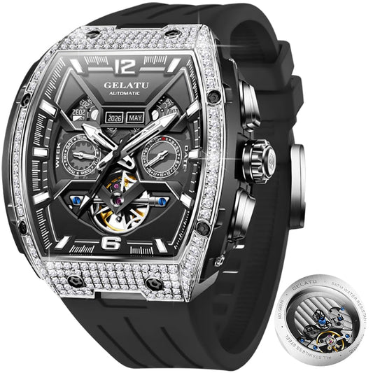 OLEVS Skeleton Men Watches Automatic Business Luxury Diamond Self Winding Watch for Men Stainless Steel Calendar Wrist Watch