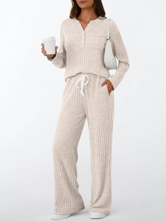 LILLUSORY Women's 2 Piece Matching Lounge Sets 2026 Trendy Fall Outfits | Long Sleeve Henley Top & Drawstring Wide Leg Pants with Pockets, Comfort Material, Travel Airport Vacation Cruise Sweat Suit