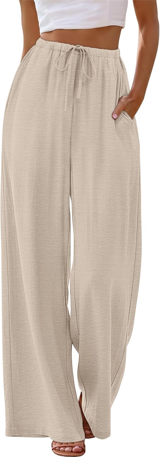 Sampeel Wide Leg Pants for Women Flowy Palazzo Drawstring Elastic Waist Trousers with Pockets Summer Beach Vacation Clothes