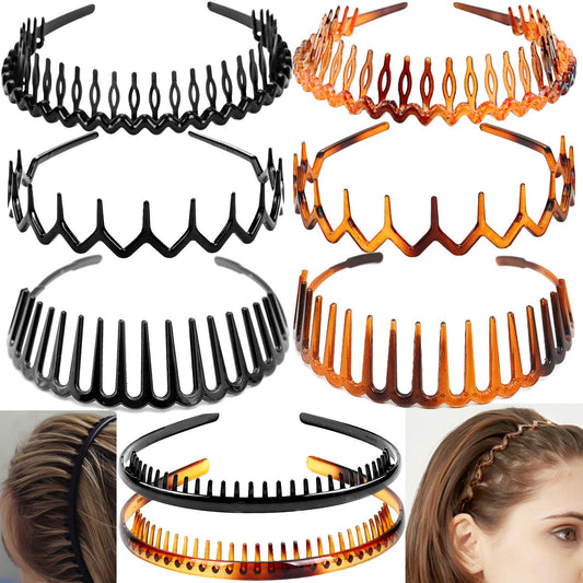 ULTIMUTE 8 PCS Fashion No Slip Effortless Plastic Headbands with Teeth Comb Black Skinny Hair Accessories Bands for Women Men Teen Girls, Matte Black