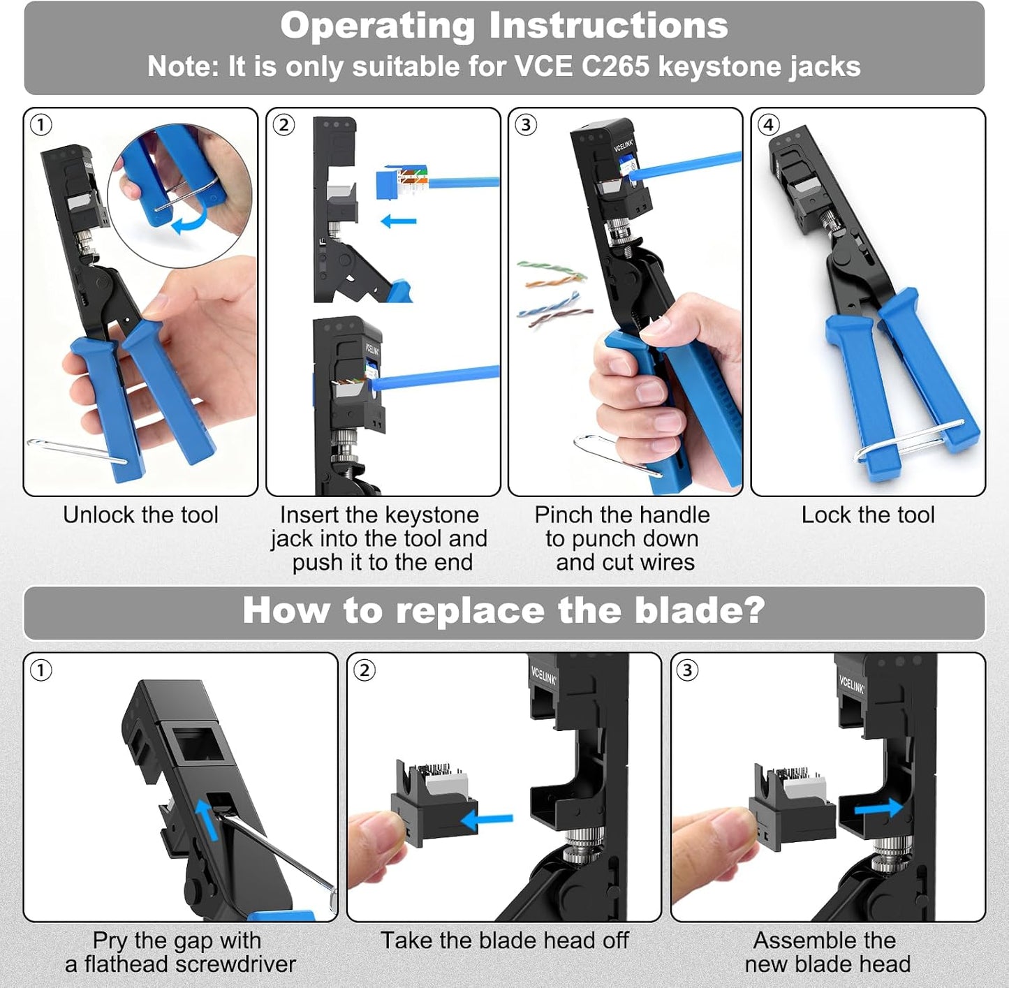 VCELINK Speed Termination Keystone Tool Only for VCE 90-Degree Keystone Jacks, Cat5e/Cat6/Cat6A Ethernet Cable Rj45 Punch Down Tool