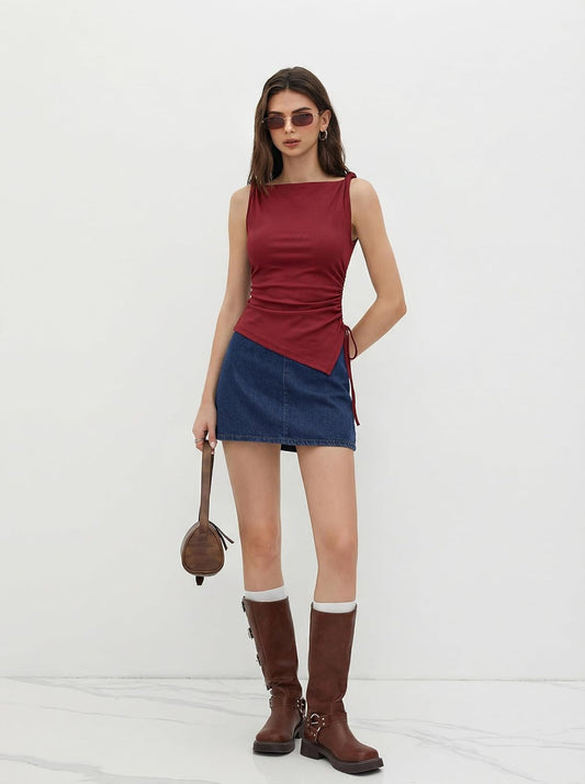 CIDER Womens Going Out Tops Ruched Sleevelss Boat Neck Asymmetrical Hem Summer Club Crop Tank Tops