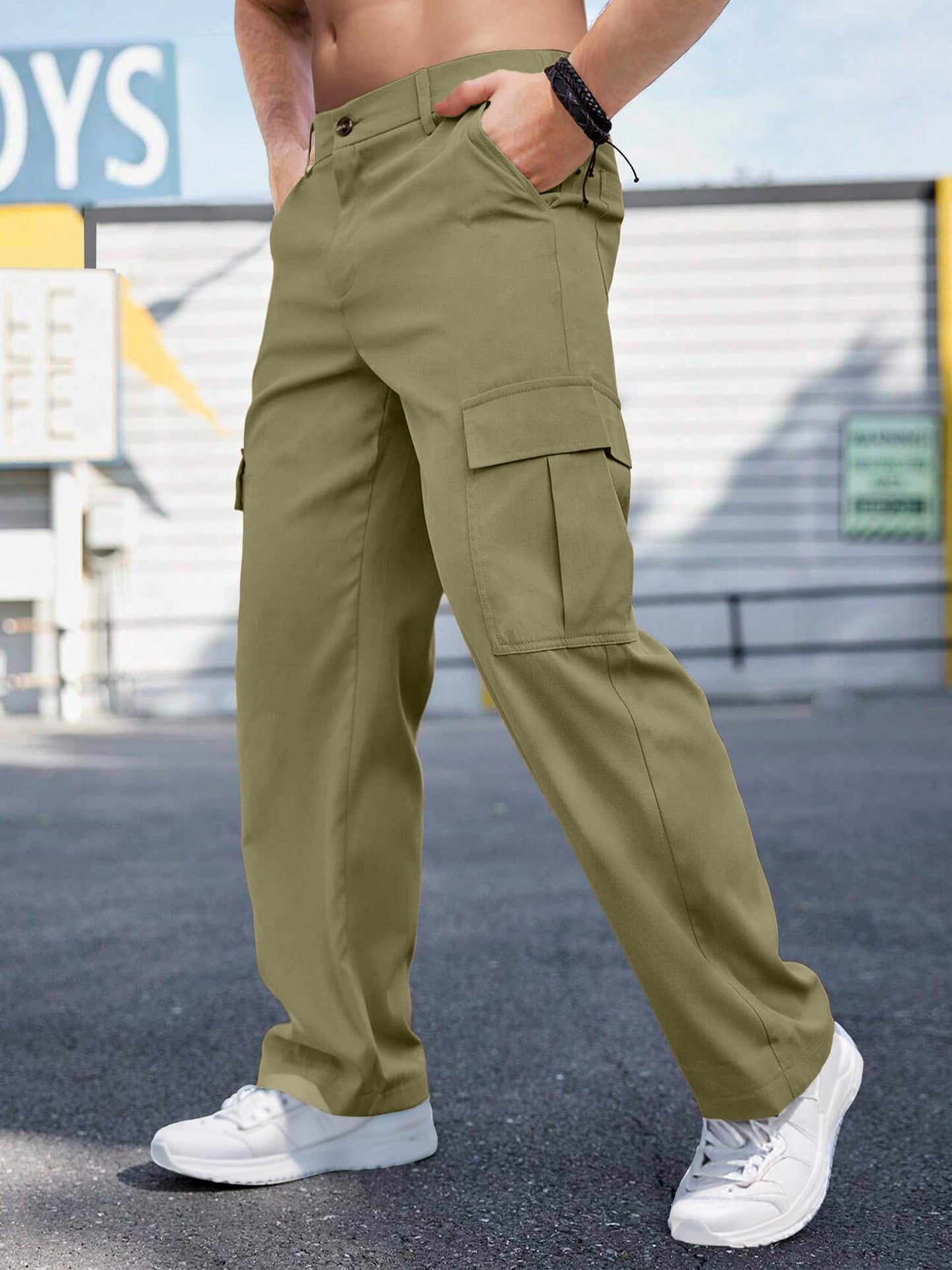 Comdecevis Mens Casual Cargo Pants Baggy Straight Leg Sweatpants with Large Flap Pockets Hiking Sports Trousers