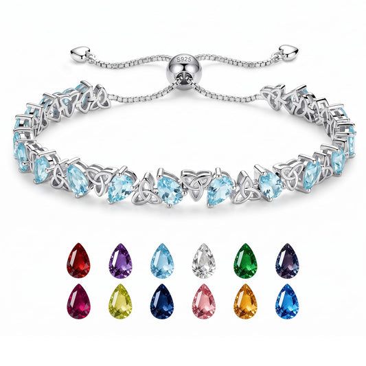 Birthstone Bracelets for Women, Pear Cut Tennis Bracelet 925 Sterling Silver, 6-9 Inch Adjustable Celtic Knot, Anniversary Birthday Jewelry Gifts for Women