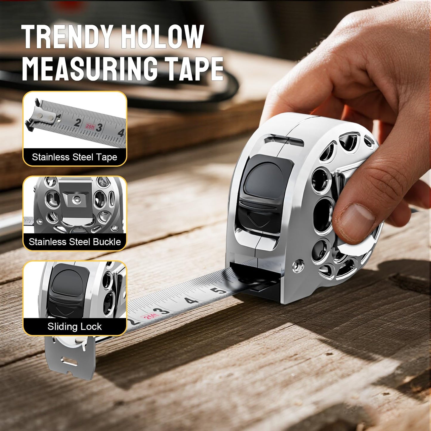 STEELITE Tape Measure 25'FT Stainless Steel Waterproof & Rustproof Retractable Measuring Tape with Hollow Design Carbon Fiber