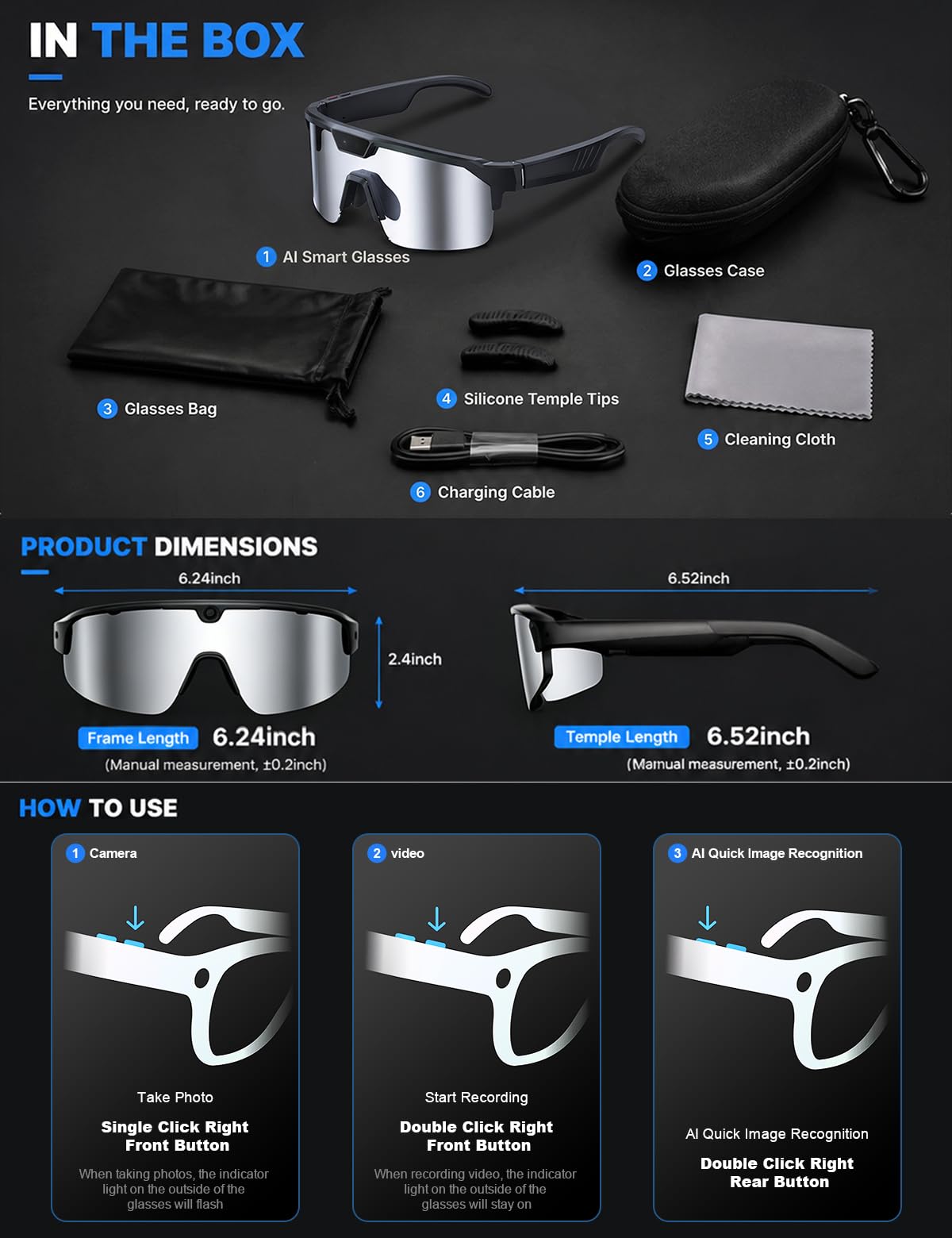 AI Smart Glasses with 30MP Camera, 4K HD Video Recording and Bluetooth Sport Glasses with ChatGPT Voice Real-Time Translation,IP66 UV400 Sunglasses for Baseball, Cycling & Hiking Black