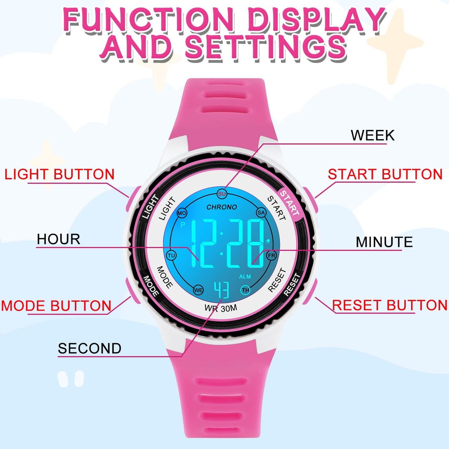 DTKID Digital Kids Watch 30 M Waterproof, 7 Color Lights Time Teaching Watch Easy to Read for Girls Boys 5-16