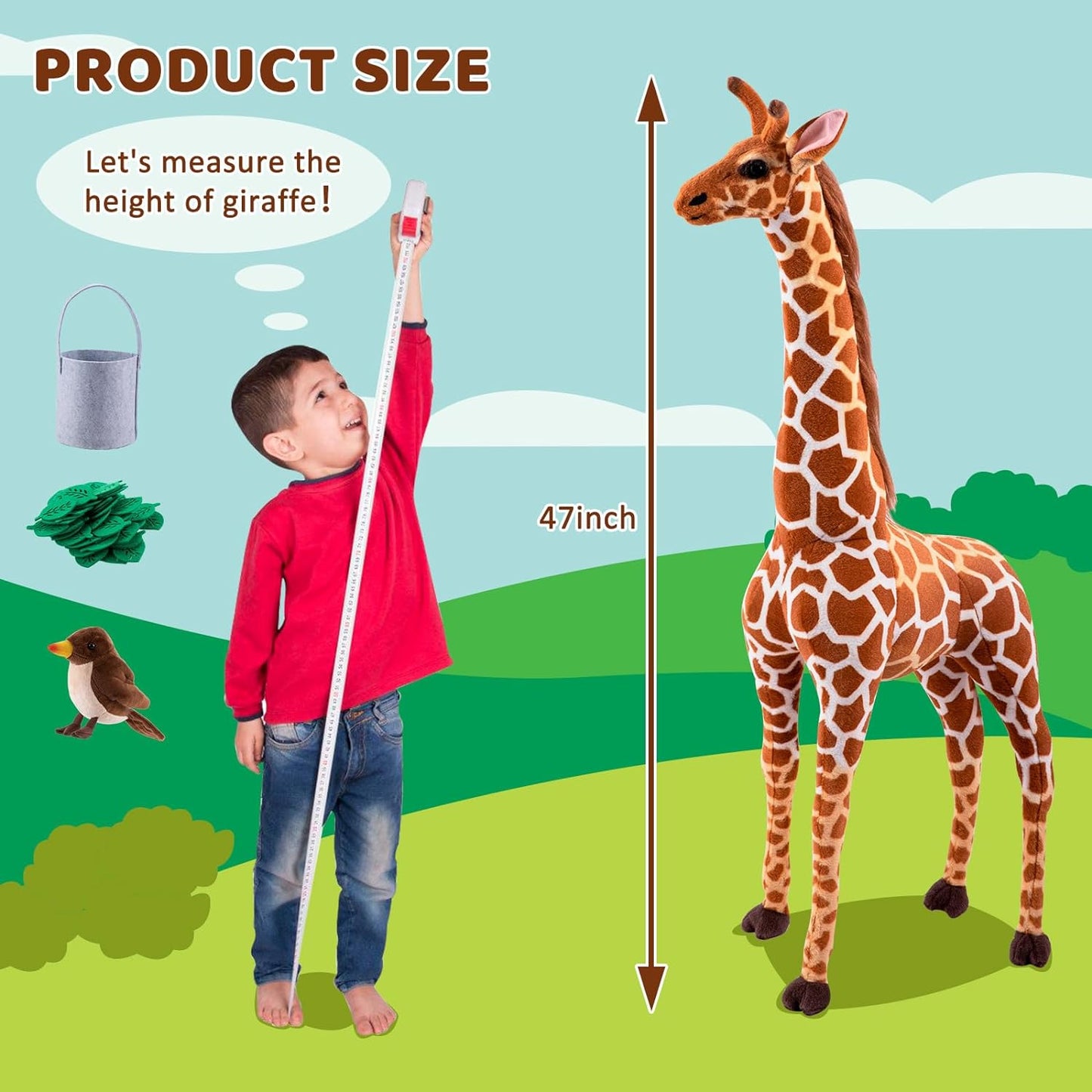 47” Large Giraffe Stuffed Animal Set, Giant Giraffe Plush Toys with Birds, Leaves, Basket, Tall Giraffe Toy Standing Lifelike, Gift for Kids Nursery Baby Shower Party
