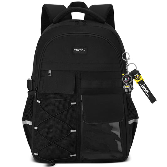 YAMTION Backpack for School Teens Boys and Girls,Black Backpack for Men and Women,College Bookbag with USB Charging Port,Travel Laptop Back Pack for Middle and High School Work