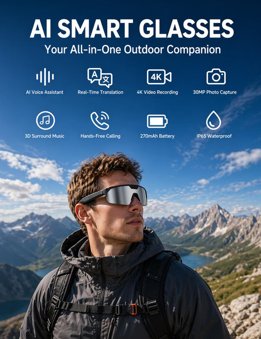 AI Smart Glasses with 30MP Camera, 4K HD Video Recording and Bluetooth Sport Glasses with ChatGPT Voice Real-Time Translation,IP66 UV400 Sunglasses for Baseball, Cycling & Hiking Black