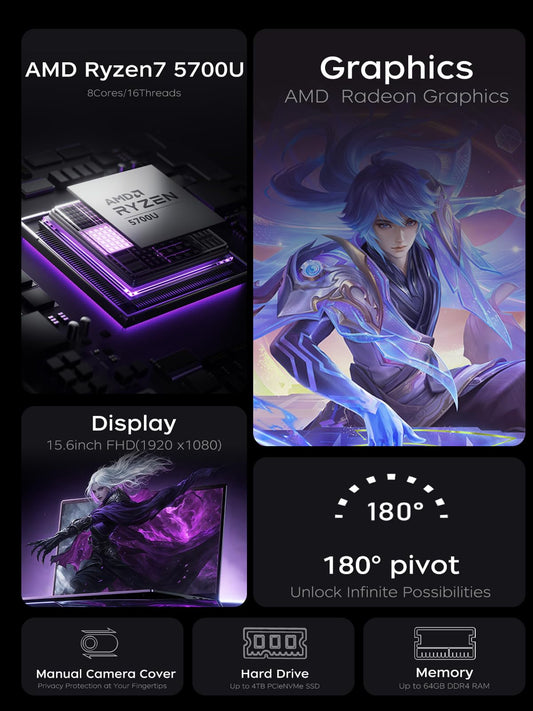 KAIGERR Gaming Laptop, 15.6inch Laptop Computer with AMD Ryzen 7 5700U(8C/16T, Up to 4.3GHz), 16GB RAM 512GB NVMe SSD Windows 11 Laptop, Radeon RX Vega 8 Graphics,WiFi 6, Webcam Cover Slide