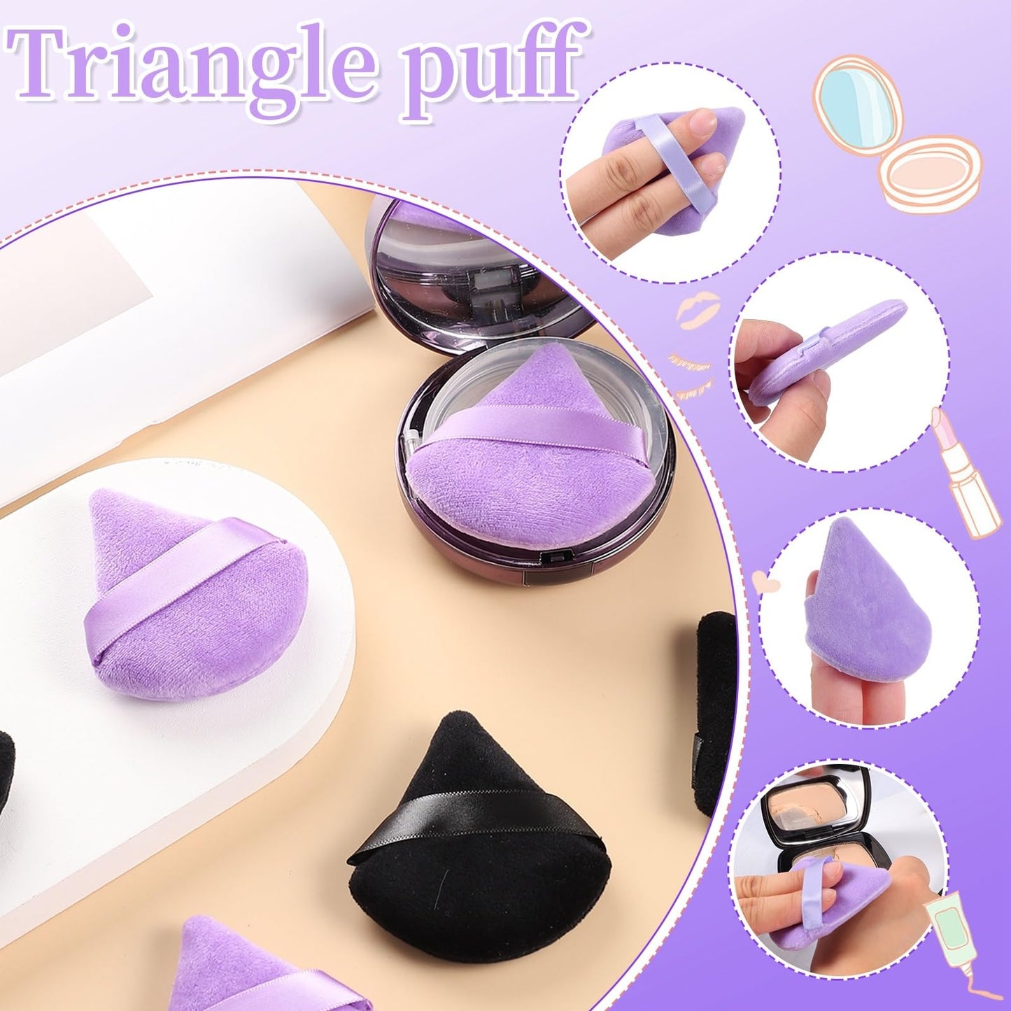Pimoys 6 Pieces Powder Puff, Face Makeup Sponge Soft Velour Triangle Powder Puffs Beauty Sponge for Loose Powder (Black, Pink)