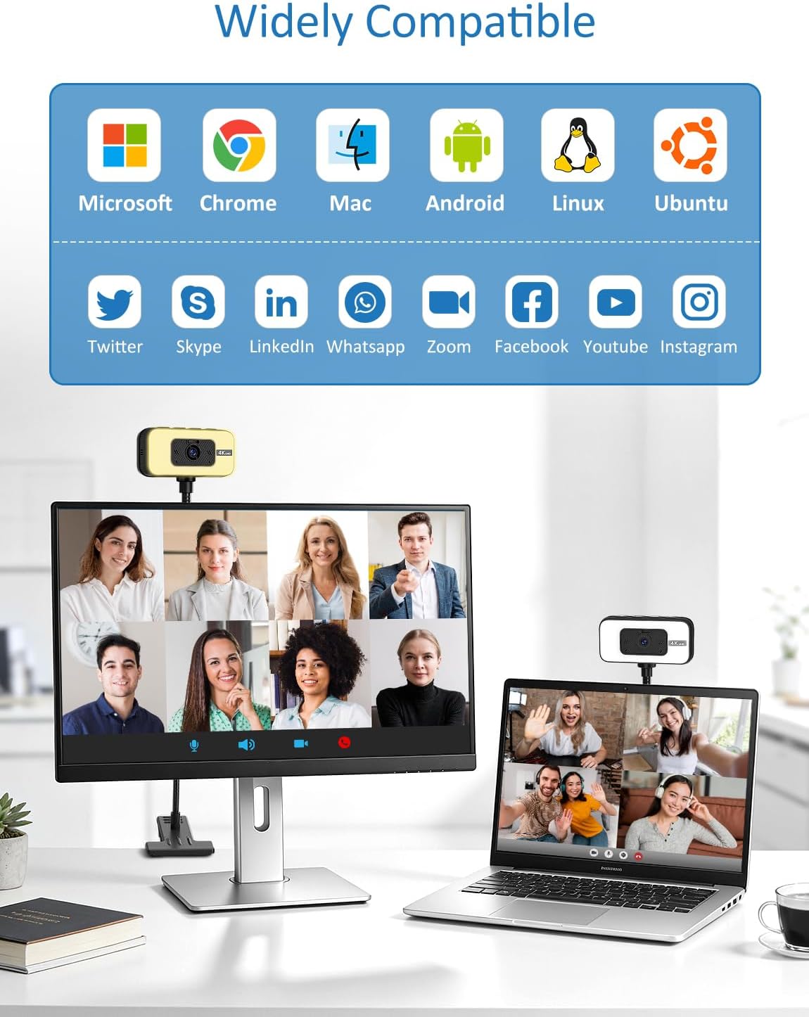 Webcam for PC, 4K Streaming Camera with Light, Web Camera for Desktop/Laptop Computer Webcam with Microphone, Plug and Play USB Web Cam with Bracket, for Video Calls and Meetings (black) (Black)