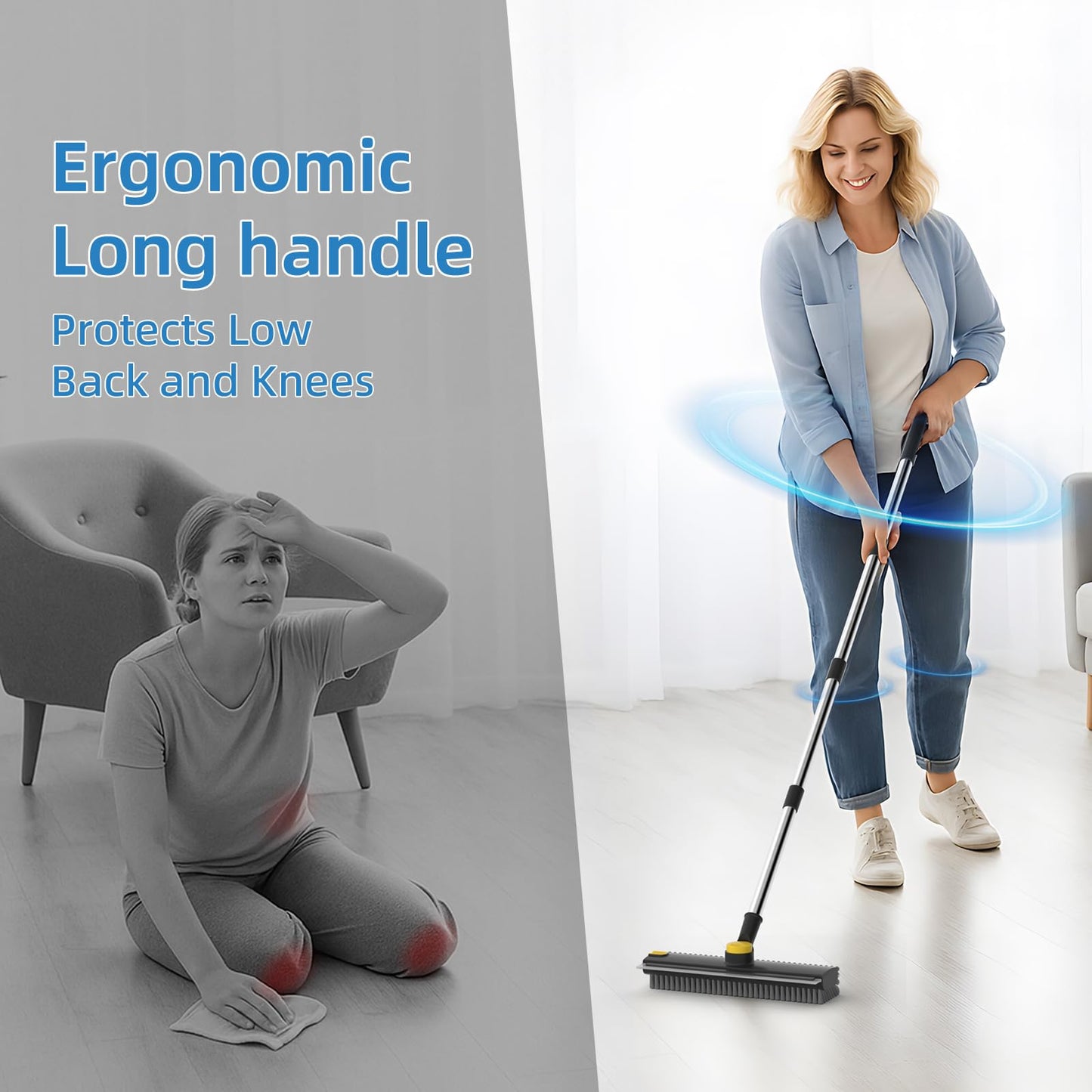 Scrub Brush with Long Handle, Floor Scrub Brush Squeegee Broom for Cleaning, 3 in 1 Shower Scrubber Floor Broom Squeegee for Concrete Tile Wall Deck Patio White