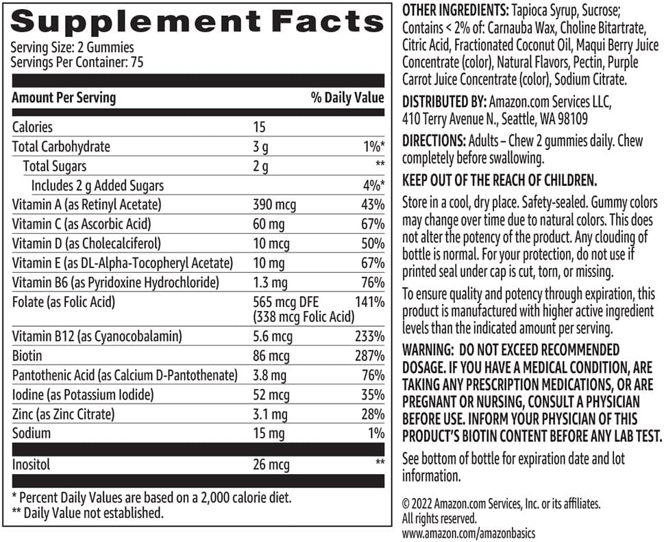 Amazon Basics Adult Multivitamin Gummies, Mixed Berry & Cherry Flavors, 150 Count, 75-Day Supply, Pack of 1 (Previously Solimo)