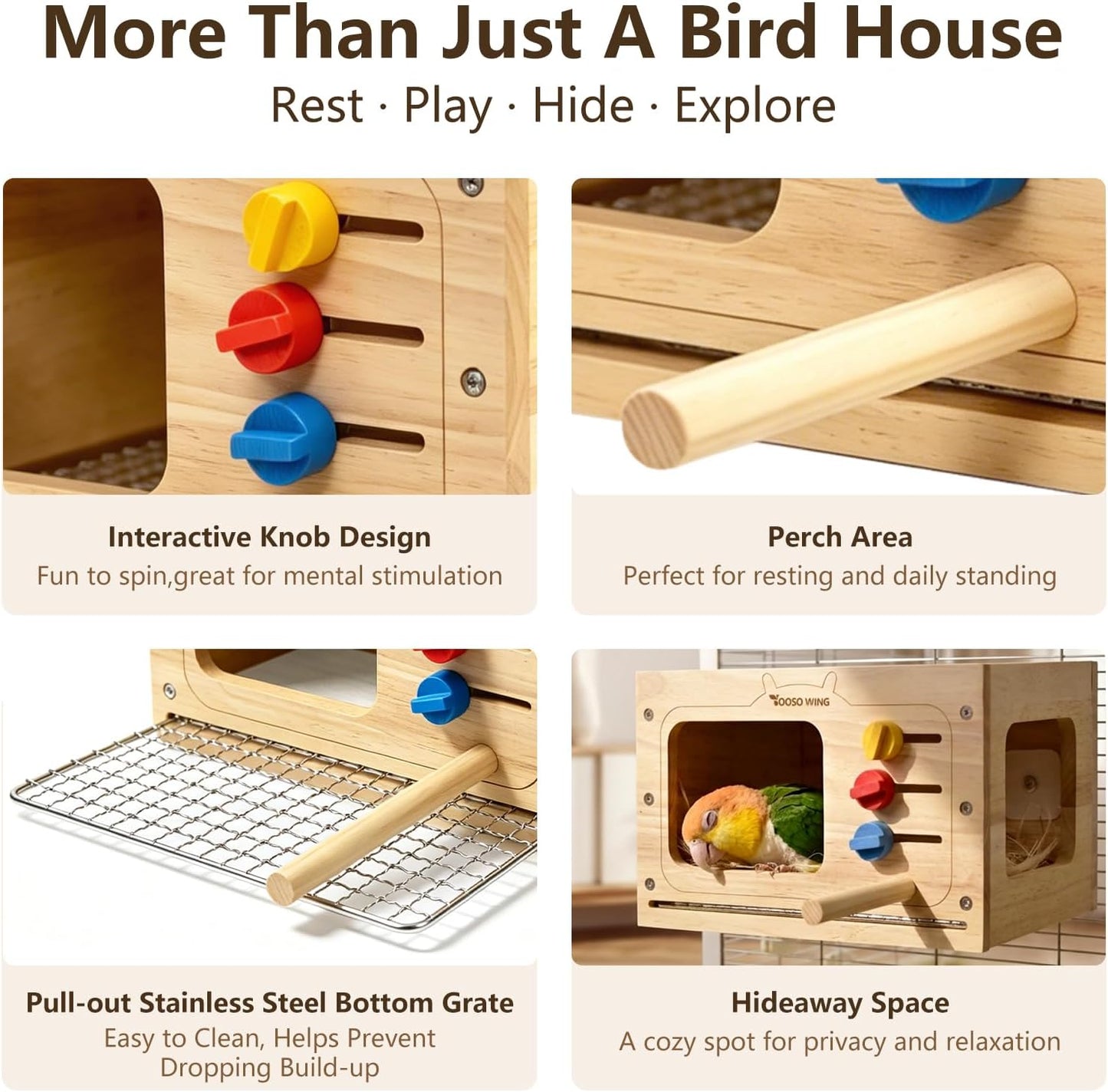 Solid Wood Parrot Hideaway, with Pull-Out Stainless Steel Grate | Glue-Free Retro TV-Shaped Bird House for Beak Play Cage Accessory for Small to Medium Parrots, Chew Toy & Resting House