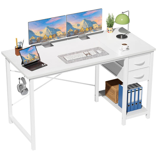 Sweetcrispy 47 Inch Computer Desk with Drawers for Home Office Writing Desk X Shaped Reinforcement Wood Surface Adjustable Position Modern Study Work Side Hook Metal Frame Storage Station Rust