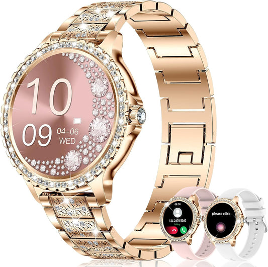 Smart Watch for Women with Diamonds (Answer/Make Call),1.32''Full Screen Smart Watch for Android /iOS,Fitness Tracker with Heart Rate/Blood Oxygen/Sleep Monitor/AI Voice Watches for Women,3 Straps