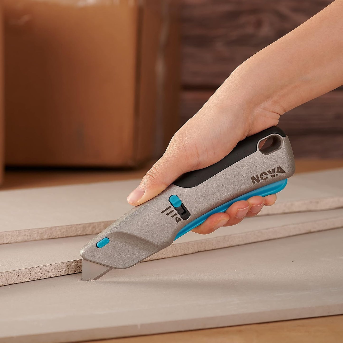 Nova Squeeze Trigger Utility Knife and Heavy Duty Box Cutter, Self Retractable Safety Knife for Cardboard & Work, Ergonomic Aluminum Body, Safety-Lock Design, Durable and Safe
