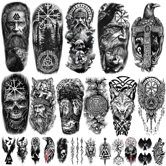 Yazhiji 36 Sheets Temporary Tattoos Stickers, 12 Sheets Fake Body Arm Chest Shoulder Tattoos for Men or Women with 24 PCS Tiny Black Tattoos