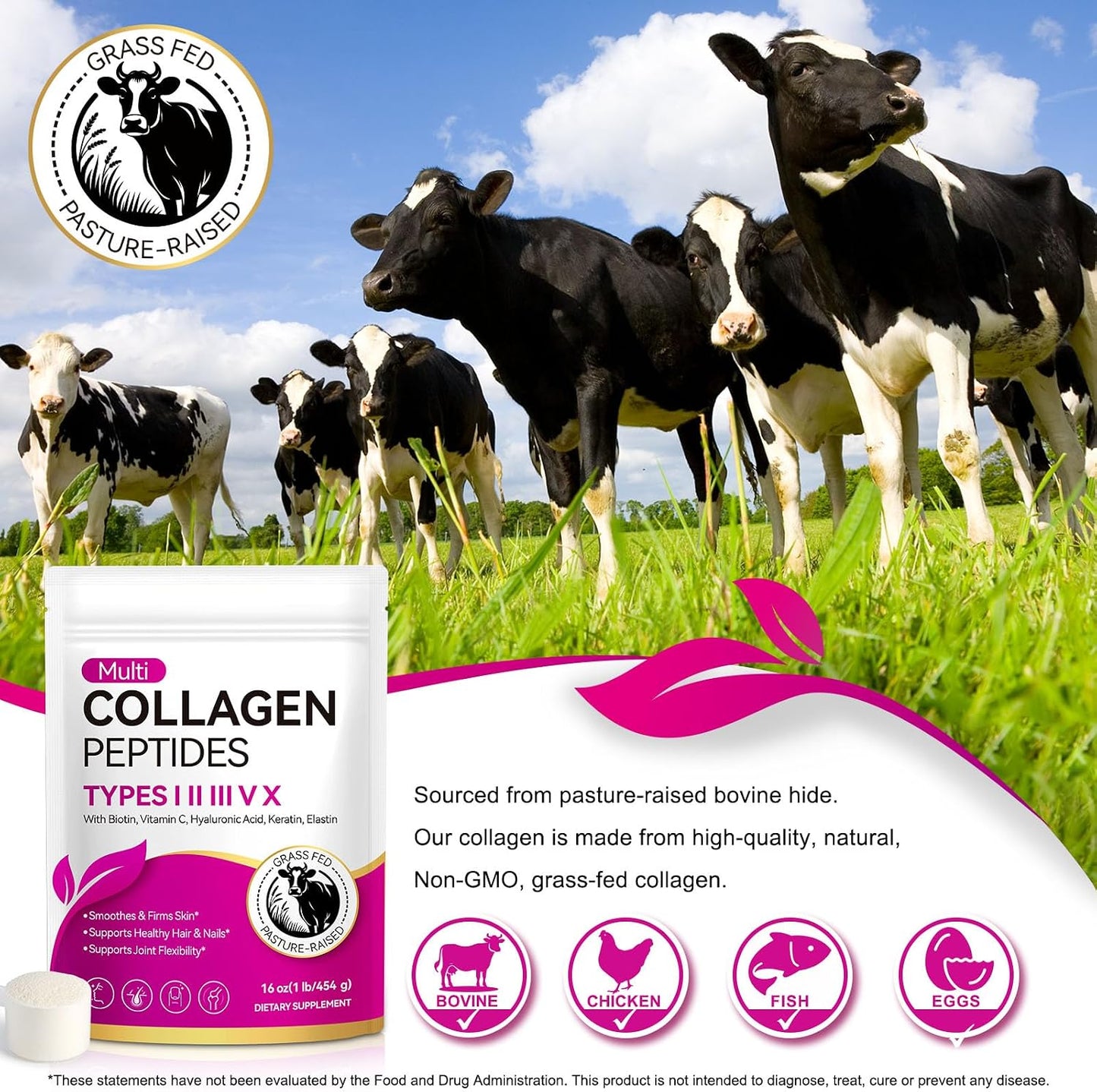 Multi Collagen Peptides Powder | Types I, II, III, V, X | 16 Oz (41 Servings) Hydrolyzed Collagen Peptides | Supports Healthy Skin, Joints, Hair, and Nails | Unflavored & Dissolves Easily