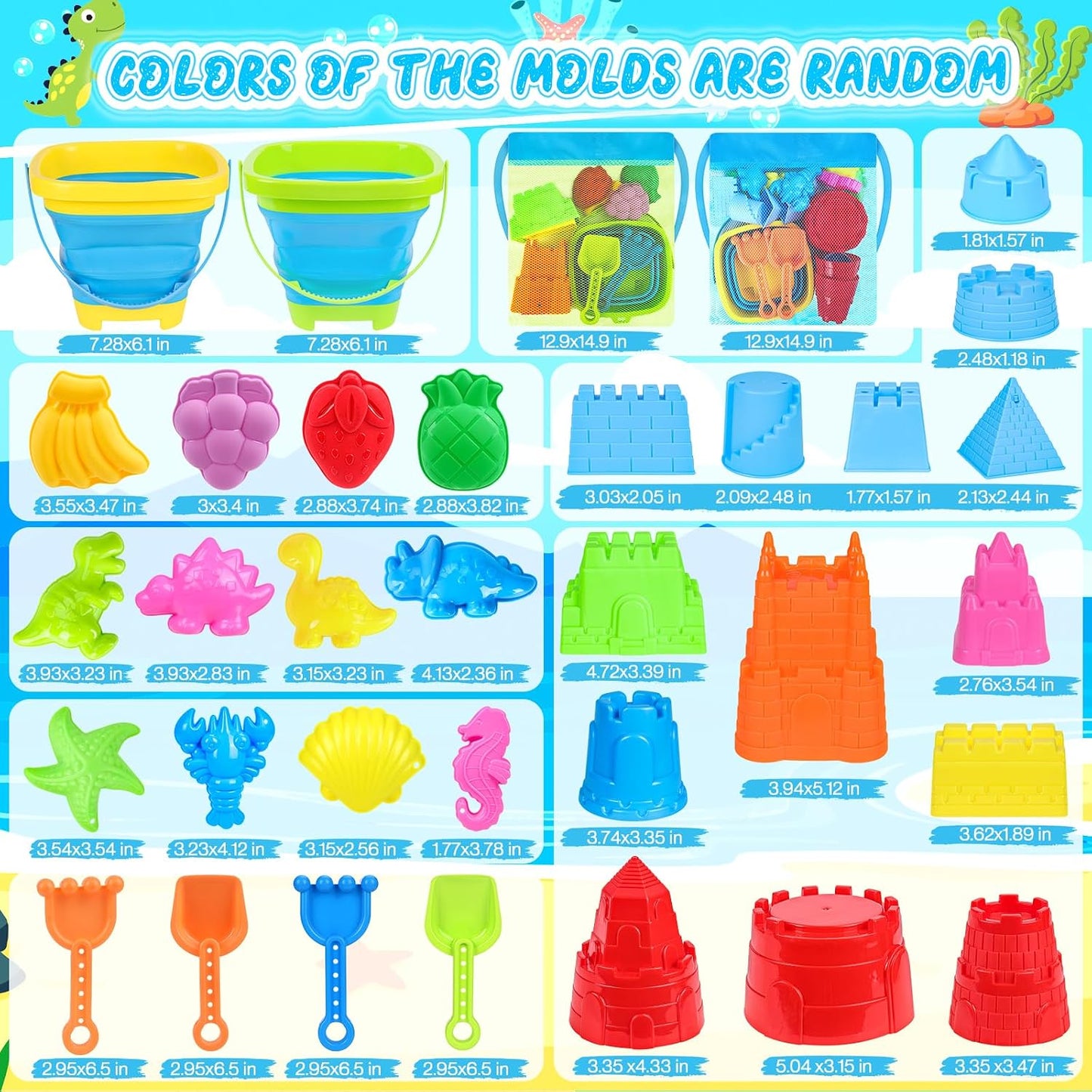 RACPNEL Collapsible Beach Toys Set for Kids Toddlers, Travel Beach Sand Castle Kits with Mesh Bag & Molds, Collapsible Sand Bucket and Shovel Set, Sandbox Toys for Toddlers Kids Age 3-12