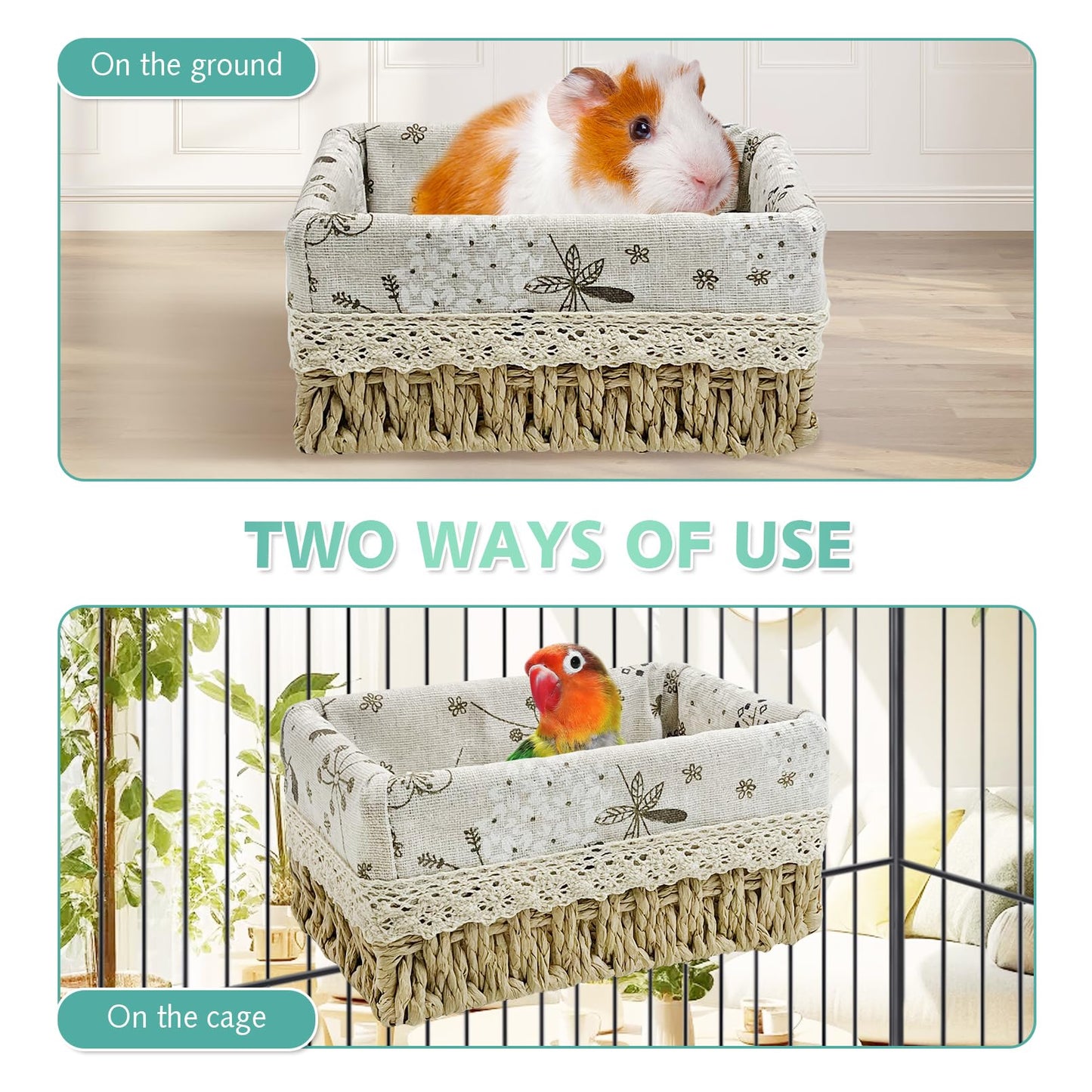 kathson Bird Nest Parrot House Birds Sleeping Bed Straw Weave All Season Hanging Hammock Bird Bed Snuggle Hut Birdcage Accessories for Parakeets Budgies Cockatiels Conures Quaker Parrot(Yellow)