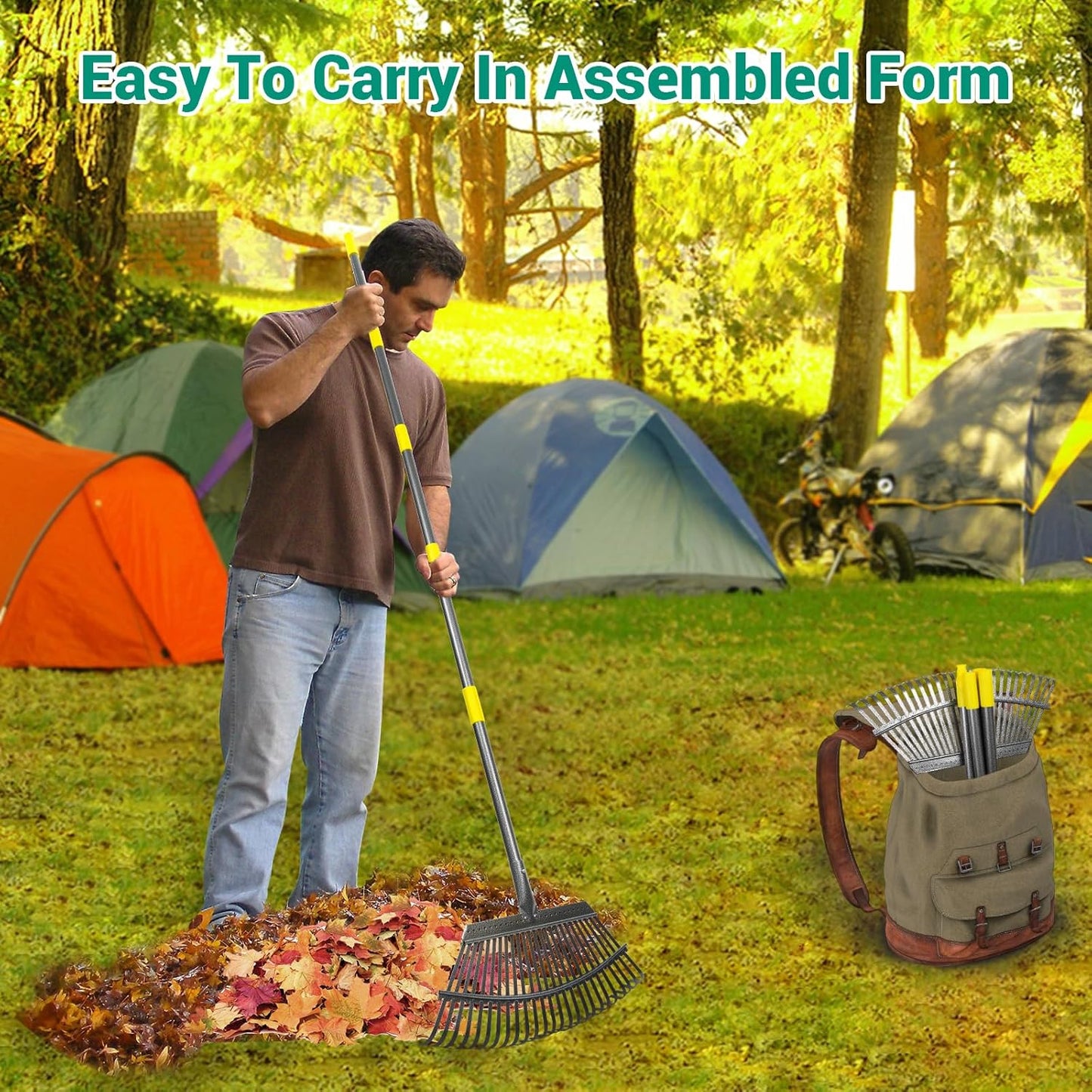 Adjustable Garden Rake for Leaves 36-73" Long Handle, 18" Wide, Heavy Duty with 25 Metal Tines ,Includes 32Gallon Leaf Bags,Designed for Lawns, Grass, Shrubs ,Flower Beds