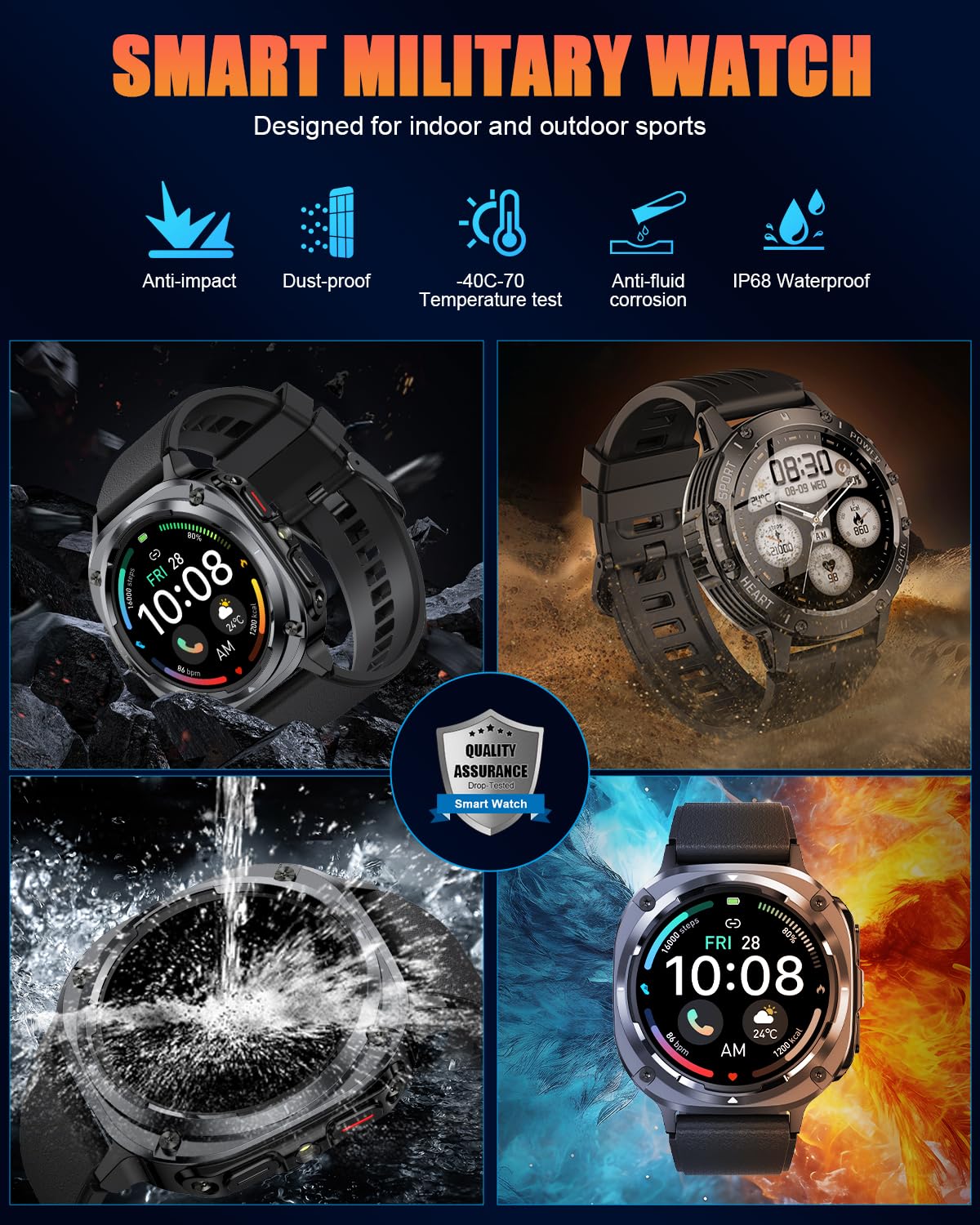 Military Smart Watches for Men(Answer/Make Calls), 1.39" HD Fitness Watch, 24/7 Heart Rate Sleep Monitor, Smart Watch for Men,114+ Sport Modes, IP68 Waterproof Smartwatch for Android iOS, 30Day, Black