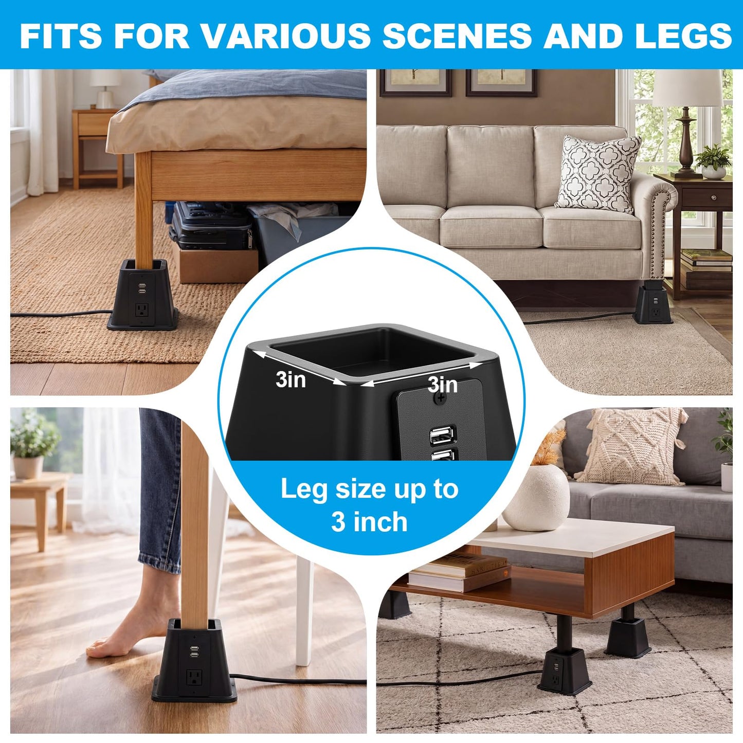 Relaxweex 4 Pack 8 Inches Heavy Duty Bed Risers with Power Outlet and USB - Adjustable Plastic Bed Frame Riser Lifts - Furniture Support Blocks for Sofa College Dorm Twin, Supports 2200 lbs