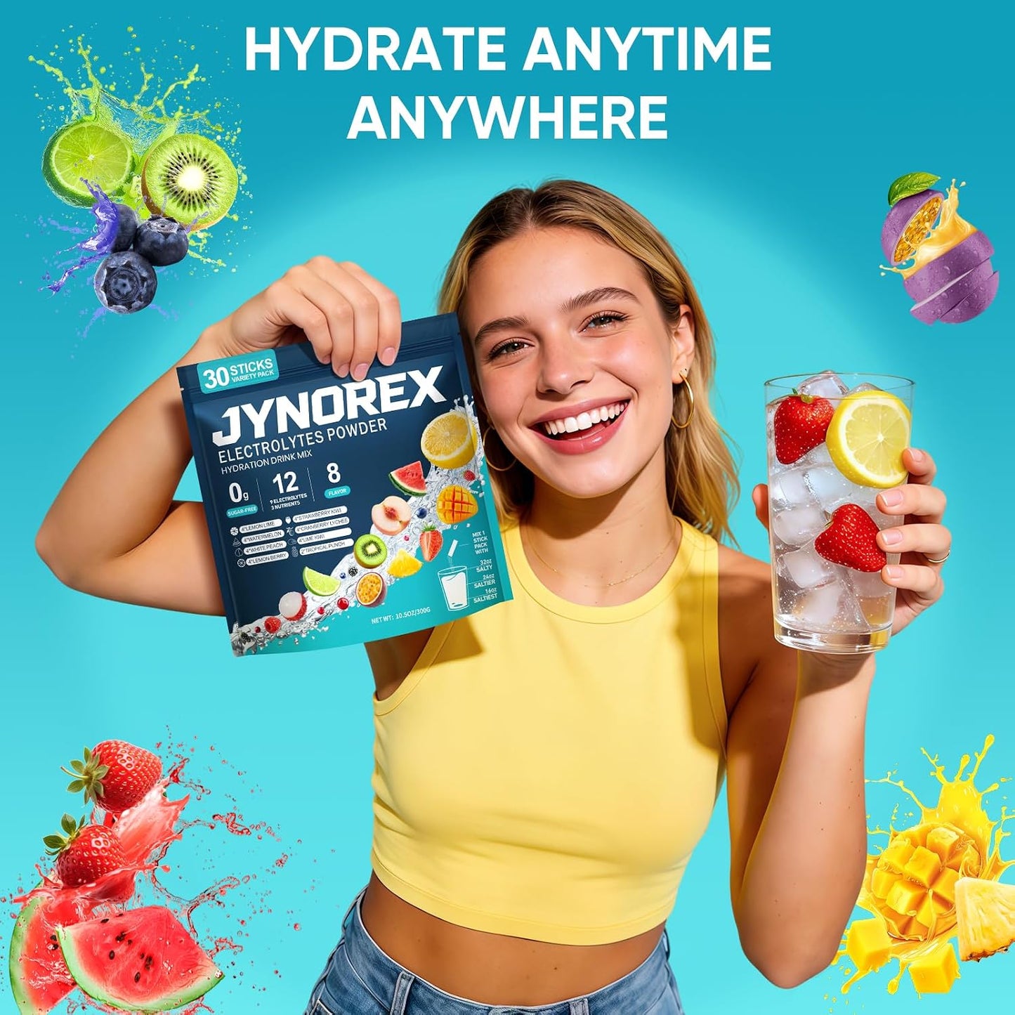 Electrolytes Powder Packets Sugar Free, 30 Sticks High Sodium Hydration Packets, Electrolyte Drink Mix with Lemon Lime Watermelon Peach Berry Kiwi Tropical Punch Lychee Cranberry, 10.5OZ