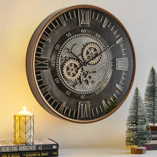 CLXEAST Mid Century Minimalist Modern Wall Clocks,24 Inch Wall Clock with Moving Gears, Large Cream Gold Wall Clocks for Living Room Decor,House Warming Gifts New Home