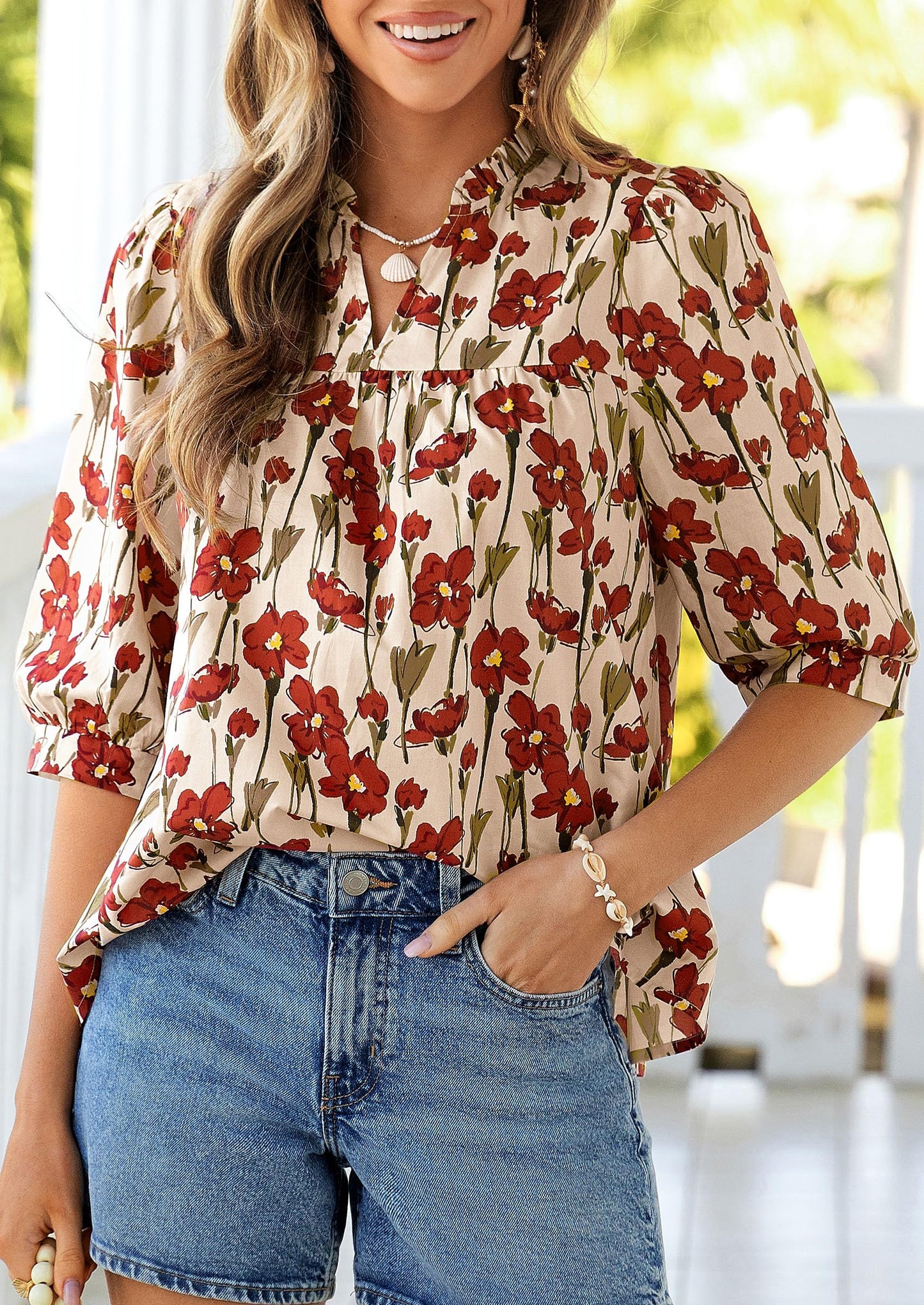 PRETTYGARDEN Women's 2026 Summer Floral Blouses Dressy Casual Half Sleeve V Neck Going Out Boho Tops Spring Fashion Clothing
