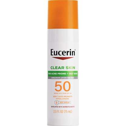 Eucerin Sun Clear Skin Face Sunscreen Lotion SPF 50 for Acne Prone and Oily Skin, Lightweight Sunscreen with Oil-Absorbing Minerals, Won't Cause Breakouts, Hypoallergenic, 2.5 Fl Oz Bottle