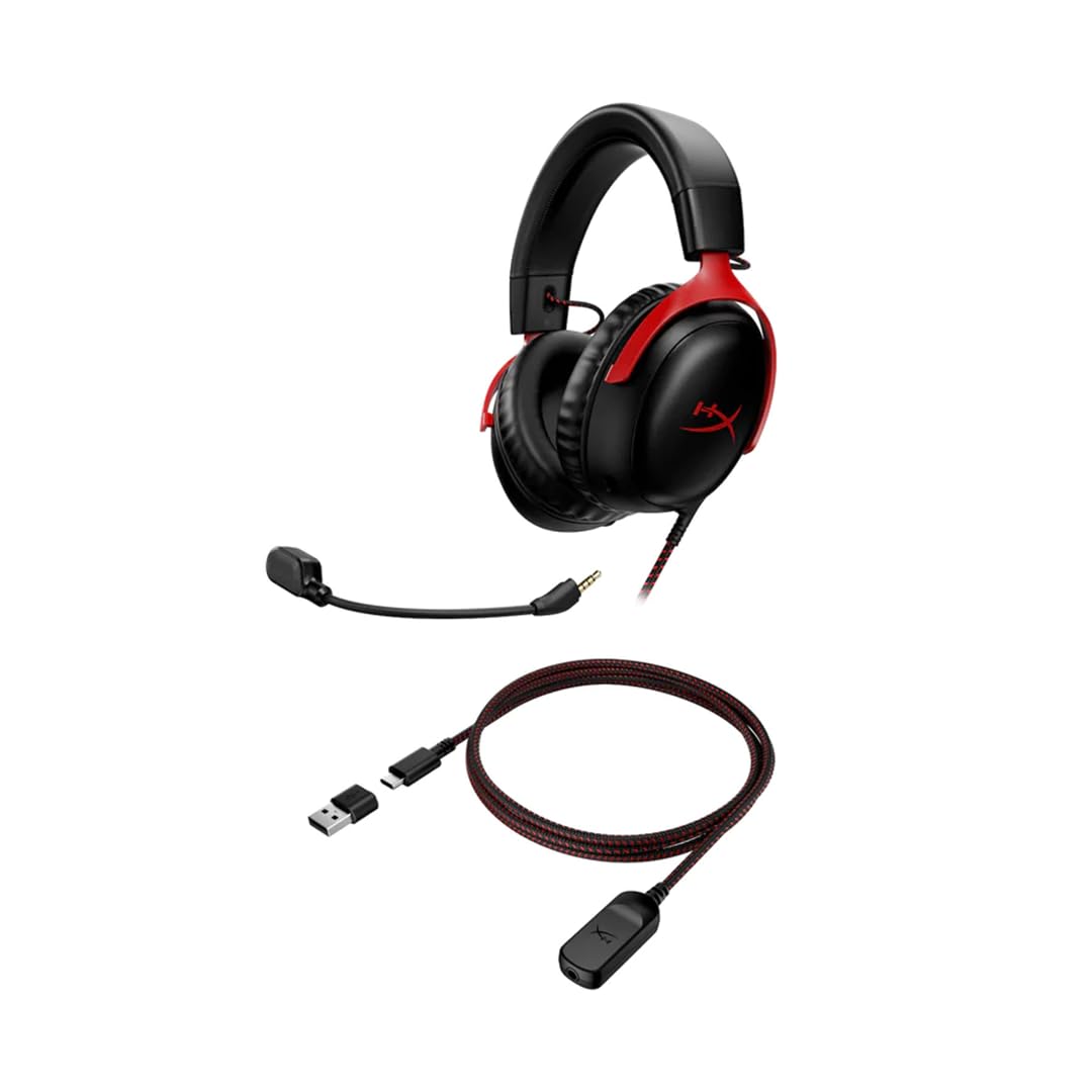 HyperX Cloud III – Wired Gaming Headset, PC, PS5, Xbox Series X|S, Angled 53mm Drivers, Spatial Audio, Memory Foam, Durable Frame, Ultra-Clear 10mm Mic, USB-C, USB-A, 3.5mm – Black/Red