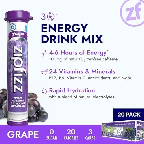 Zipfizz Daily Energy Drink Powder, Blood Orange, 20 Pack | 3-in-1 Sustained Energy, Rapid Hydration, and Essential Vitamins | Sugar-Free | Electrolyte Powder | Contains Vitamin B-12 & Antioxidants