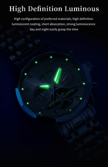 OLEVS Skeleton Men Watches Automatic Business Luxury Diamond Self Winding Watch for Men Stainless Steel Calendar Wrist Watch