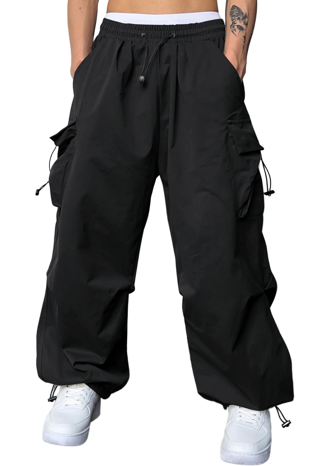 JMIERR Mens Loose Fit Drawstring Y2K Baggy Parachute Cargo Pants | Harem Joggers, Utility Flap, Deep Side Pockets, Elastic Waistband, Adjustable Hem, Streetwear, Casual Wear, Outdoor Hiking