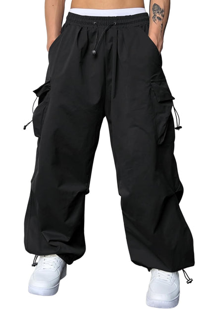 JMIERR Mens Loose Fit Drawstring Y2K Baggy Parachute Cargo Pants | Harem Joggers, Utility Flap, Deep Side Pockets, Elastic Waistband, Adjustable Hem, Streetwear, Casual Wear, Outdoor Hiking