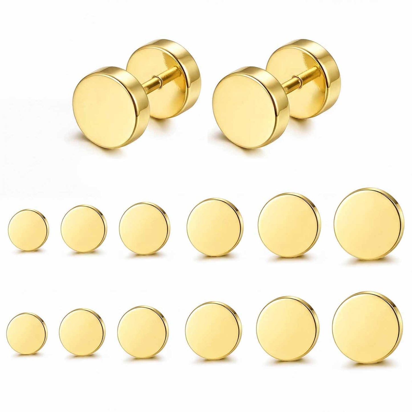 FIBO STEEL 6 Pairs Stainless Steel Black Stud Earrings for Men Women Faux Gauges Ear Tunnel Fake Gauge Earrings 3-8mm