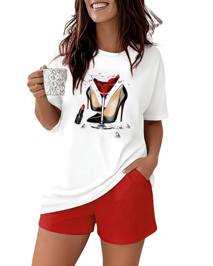 CHICME Pajamas Set for Women 2 Piece Pjs Lounge Set Soft Short Sleeve Tops and Sleep Shorts with Pocket