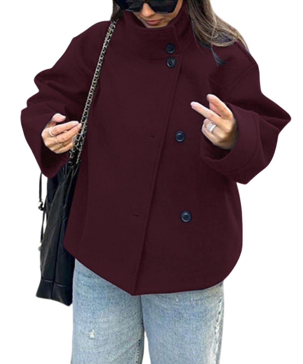 CHARTOU Women Crop Pea Coat Wool Blend Winter Loose Casual Short Jacket Outwear
