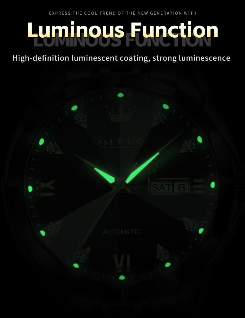 OLEVS Skeleton Men Watches Automatic Business Luxury Diamond Self Winding Watch for Men Stainless Steel Calendar Wrist Watch