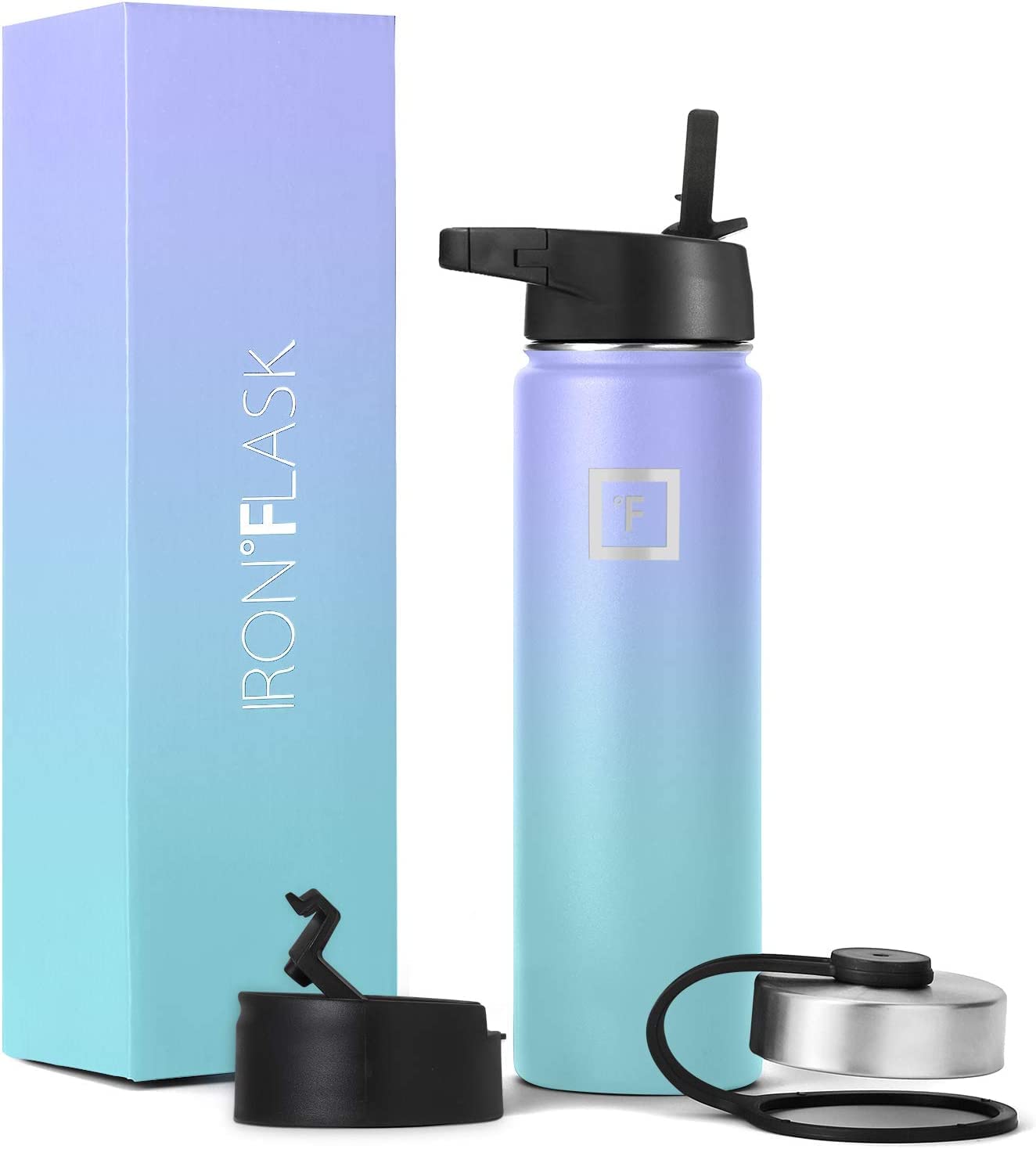 IRON °FLASK Camping & Hiking Hydration Flask with Straw, Wide Mouth Insulated Stainless Steel Sports Water Bottle - Midnight Black 24 oz - Straw (1 Lid)