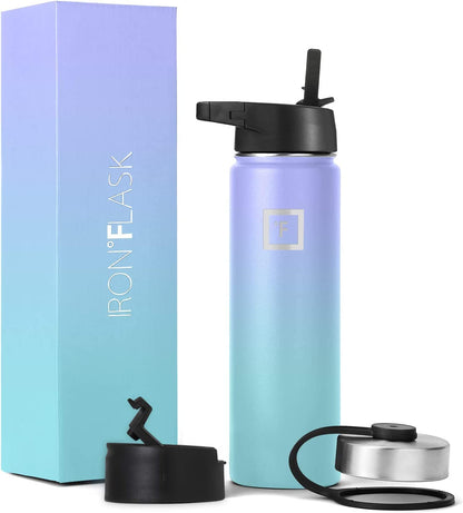 IRON °FLASK Camping & Hiking Hydration Flask with Straw, Wide Mouth Insulated Stainless Steel Sports Water Bottle - Midnight Black 24 oz - Straw (1 Lid)