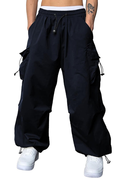 JMIERR Mens Loose Fit Drawstring Y2K Baggy Parachute Cargo Pants | Harem Joggers, Utility Flap, Deep Side Pockets, Elastic Waistband, Adjustable Hem, Streetwear, Casual Wear, Outdoor Hiking