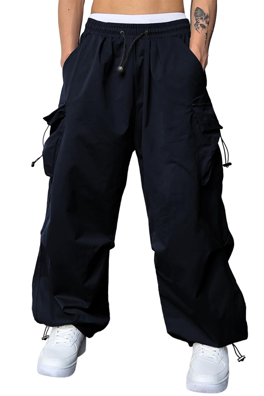 JMIERR Mens Loose Fit Drawstring Y2K Baggy Parachute Cargo Pants | Harem Joggers, Utility Flap, Deep Side Pockets, Elastic Waistband, Adjustable Hem, Streetwear, Casual Wear, Outdoor Hiking