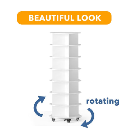 SpaceAid Spinning Shoe Rack with Wheels, 7 Tier Rotating Organizer Shoe Tower Lazy Susan with Thick Bottom, 360 Display Revolving Storage Shelf, Round Circular Rotate Organization, White